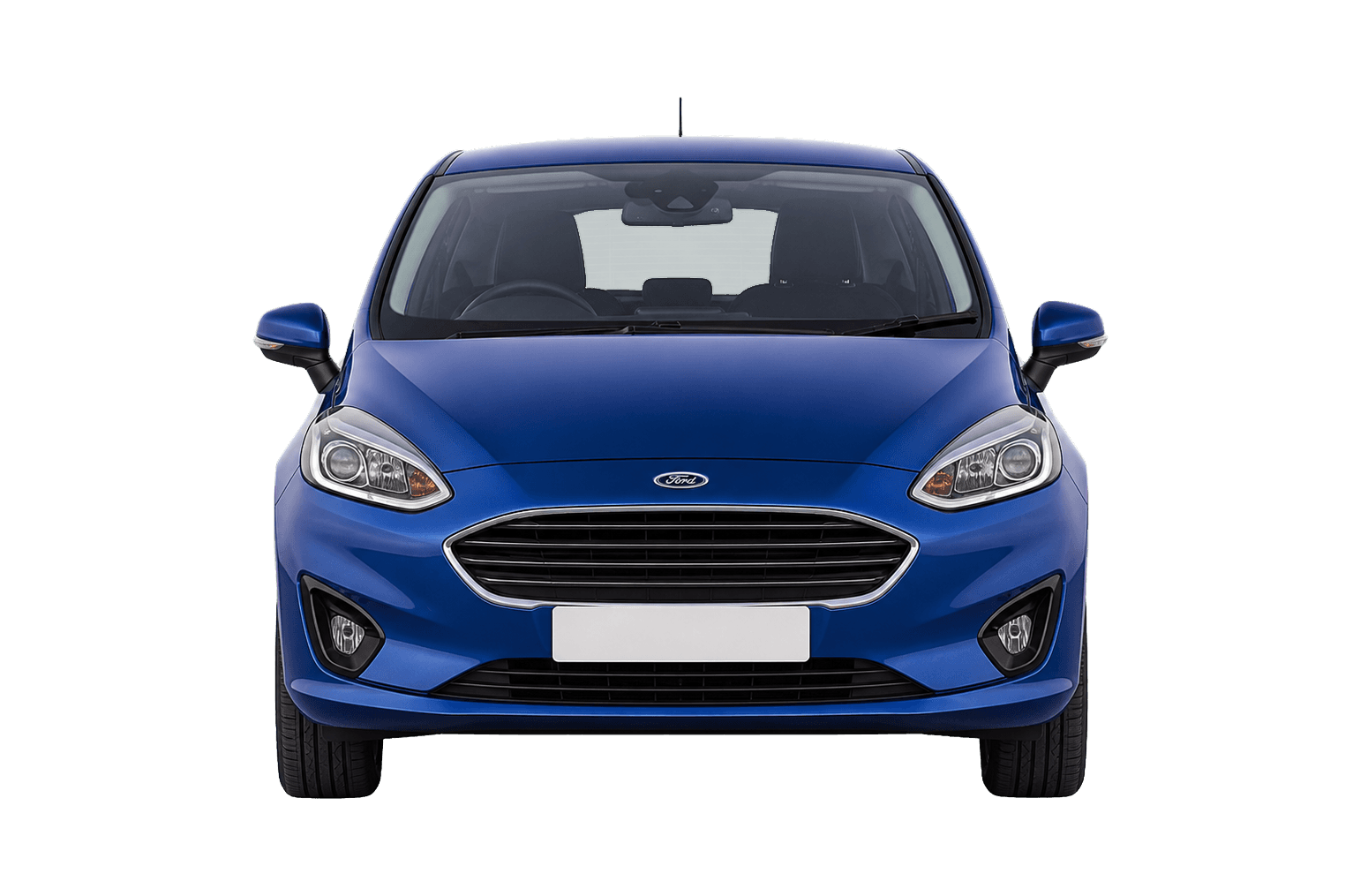 Front model portrait of a blue Ford Fiesta